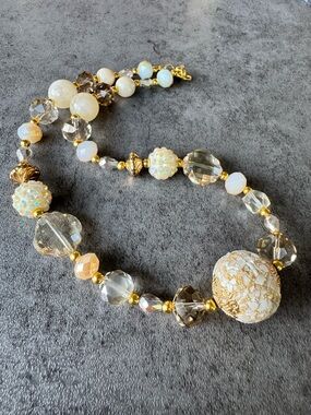 Handmade Cream and Gold Beaded Statement Necklace